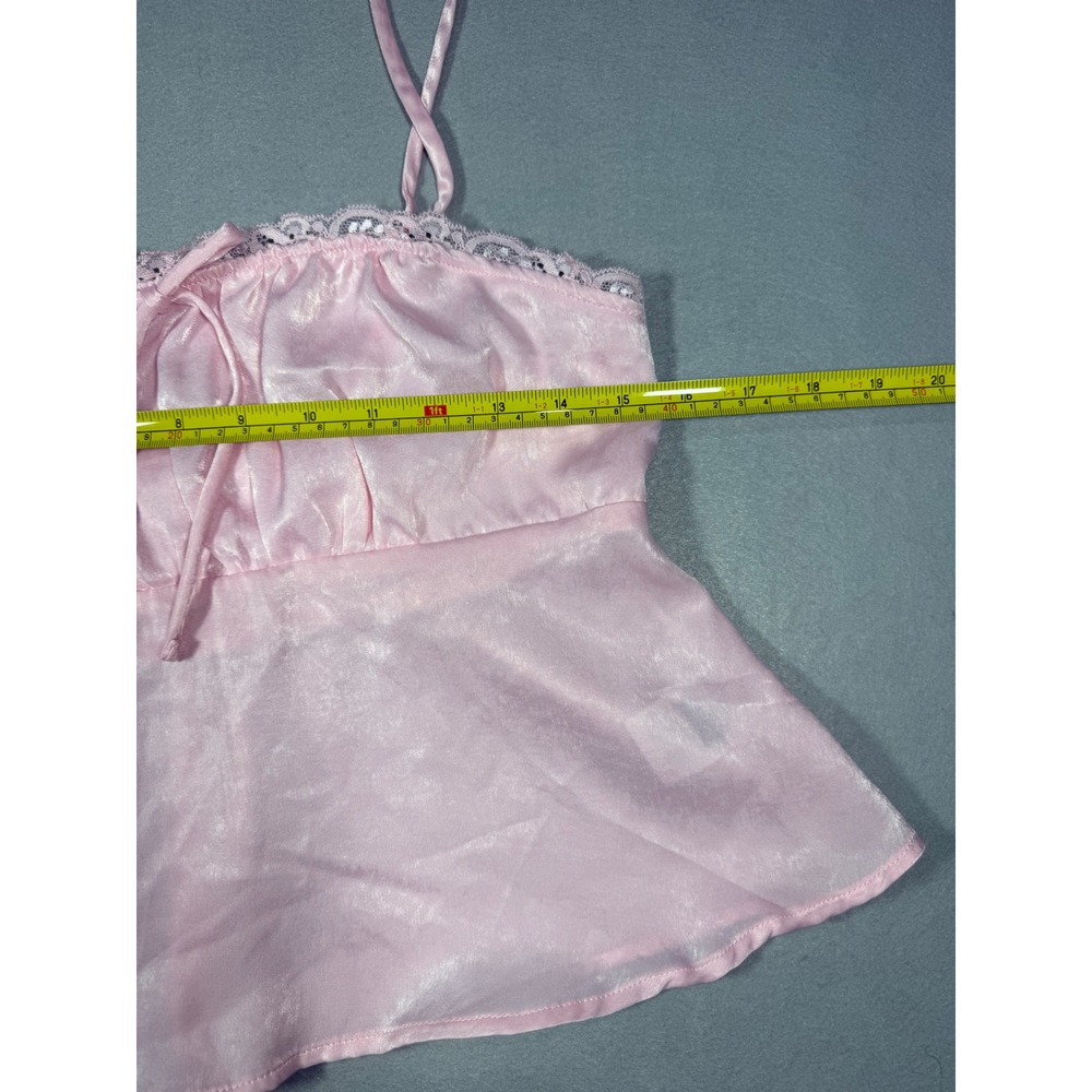 Coquette Pink Satin Lace Trim Camisole Top Smocked Back Peplum Babydoll Cami Med - Picture 2 of 7